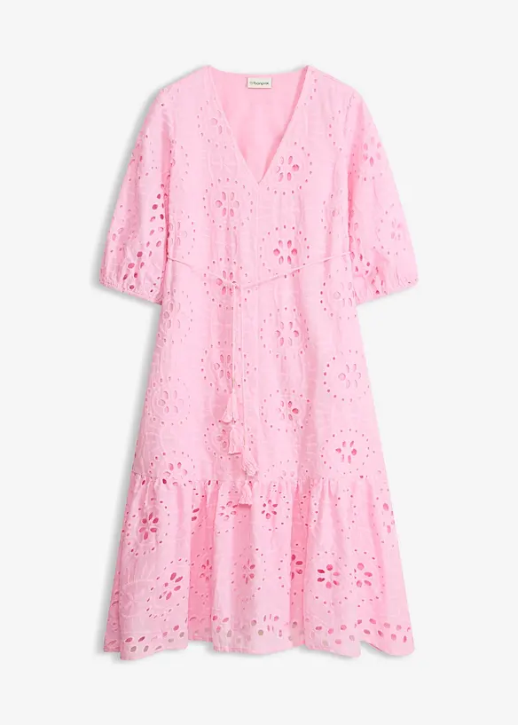 Abito midi in puro cotone con ricami traforati, bonprix