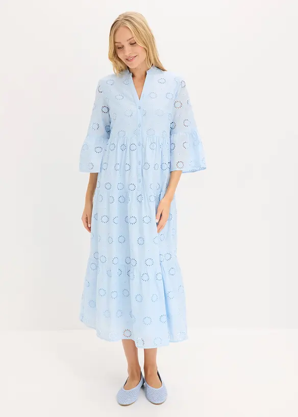 Abito lungo in puro cotone con ricami traforati, bonprix