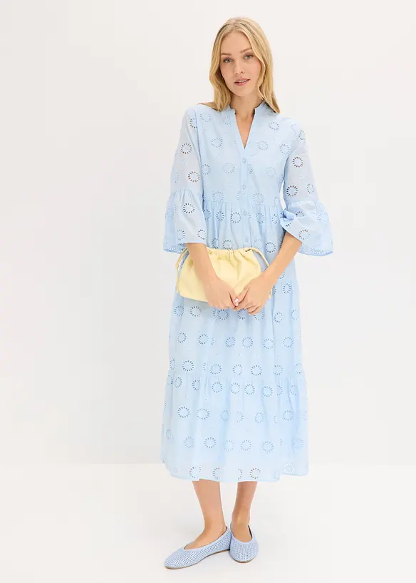 Abito lungo in puro cotone con ricami traforati, bonprix