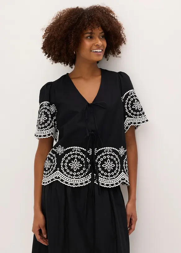 Blusa in puro cotone con ricami traforati, bonprix