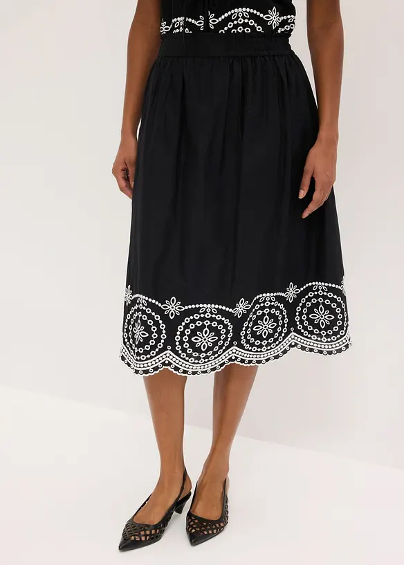 Gonna midi in puro cotone con ricami traforati, bonprix