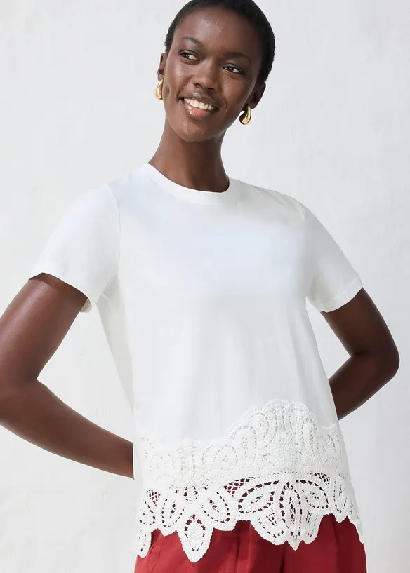 Maglia con percentuale di seta e bordo effetto uncinetto, bonprix