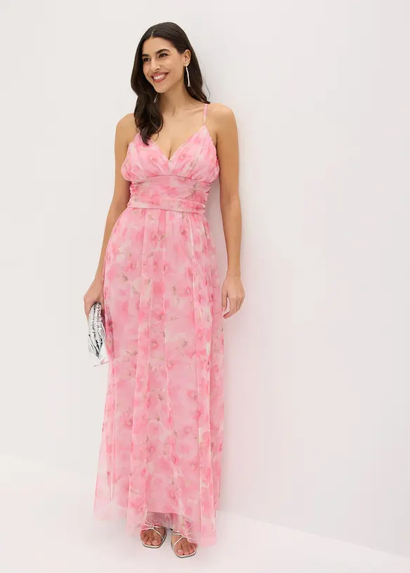 Abito lungo in tulle delicato con drappeggio, bonprix