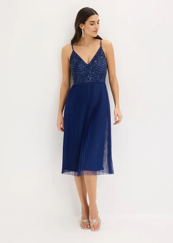 Abito midi con gonna plissettata e ricamo con paillettes, bonprix