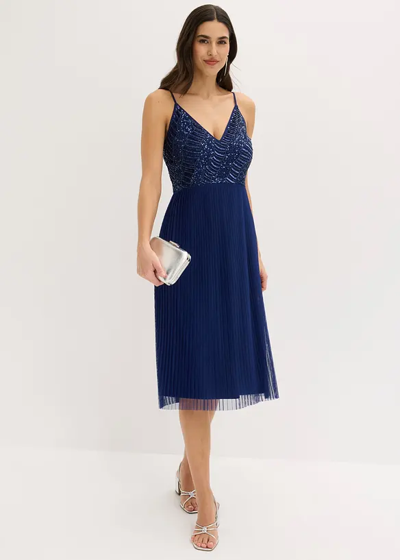 Abito midi con gonna plissettata e ricamo con paillettes, bonprix