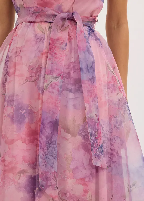 Abito midi in tulle delicato con cintura da annodare, bonprix