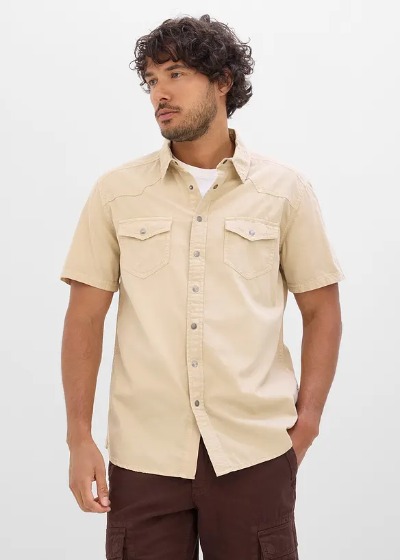 Camicia a maniche corte in denim colorato, slim fit, bonprix