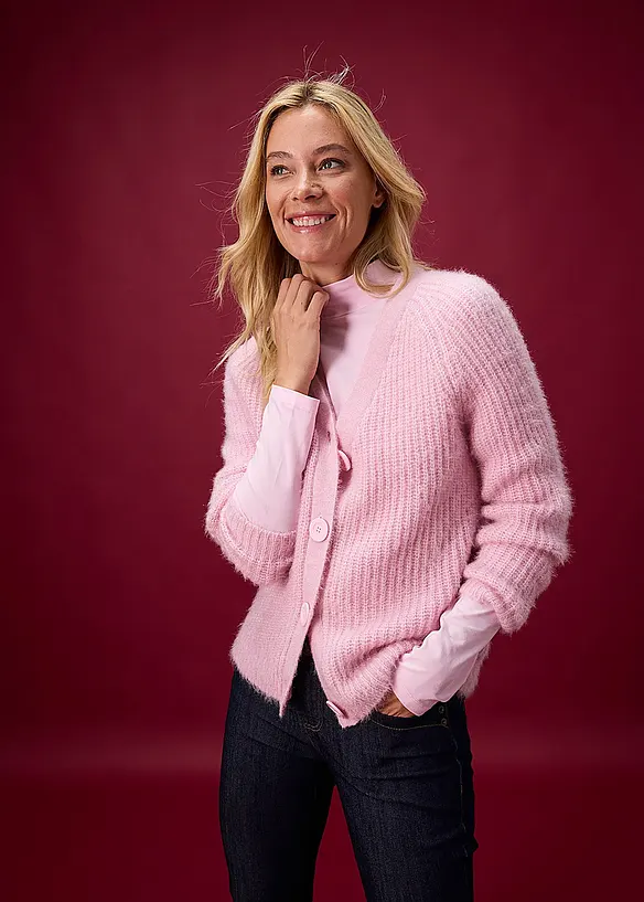 Cardigan a coste in filato grosso con effetto lucido, bonprix