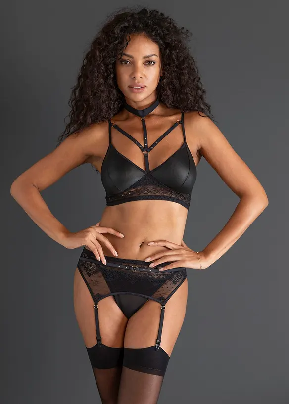 Bralette, perizoma,  reggicalze in look bagnato (set 3 pezzi), bonprix