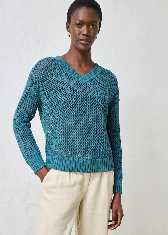 Maglione traforato in misto lino leggero, bonprix