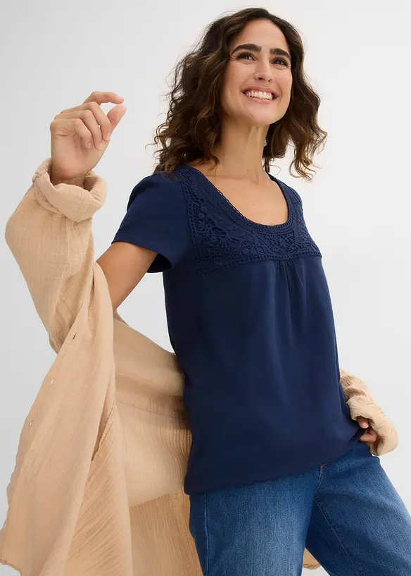 Maglia in cotone con pizzo a maniche corte, bonprix
