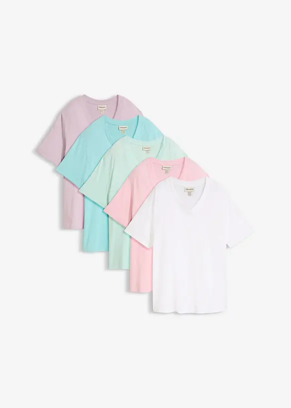 Maglia lunga e larga con scollo a V e maniche corte (pacco da 5), bonprix
