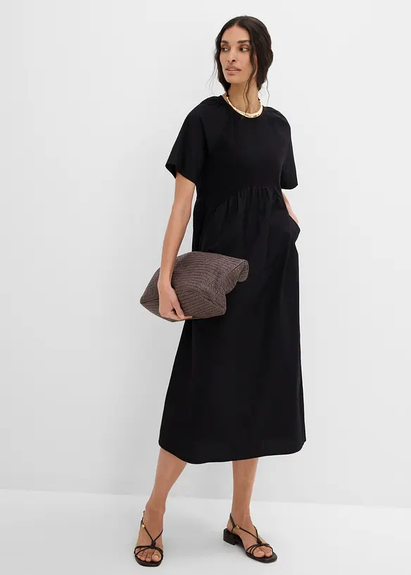 Abito midi in puro cotone con mix di materiali, bonprix