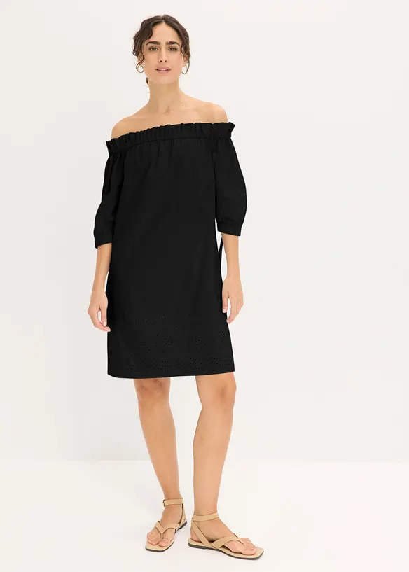 Abito a spalle scoperte in puro cotone con ricami traforati, bonprix