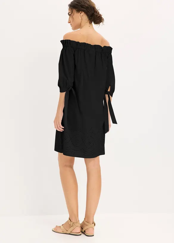 Abito a spalle scoperte in puro cotone con ricami traforati, bonprix