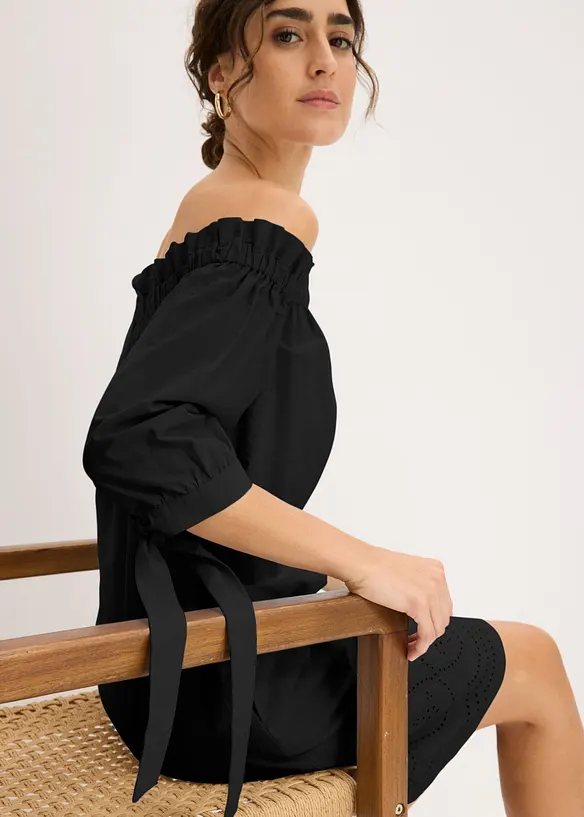 Abito a spalle scoperte in puro cotone con ricami traforati, bonprix