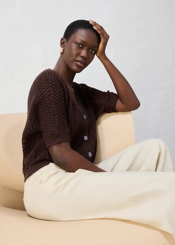 Cardigan traforato in misto lino, bonprix