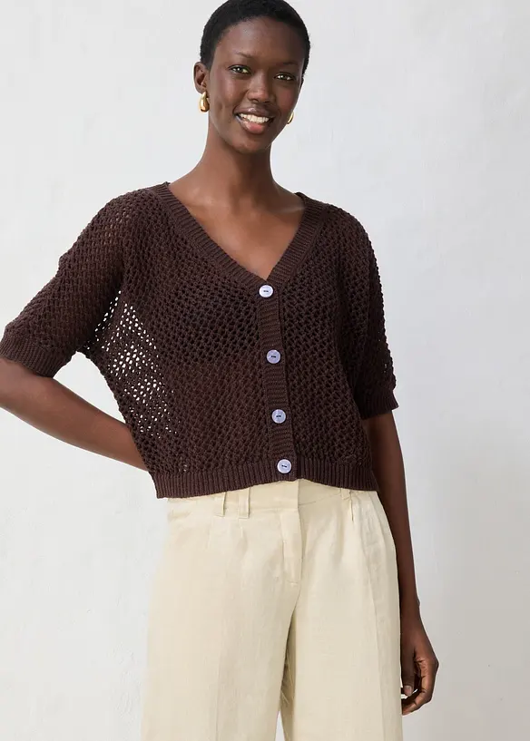 Cardigan traforato in misto lino, bonprix