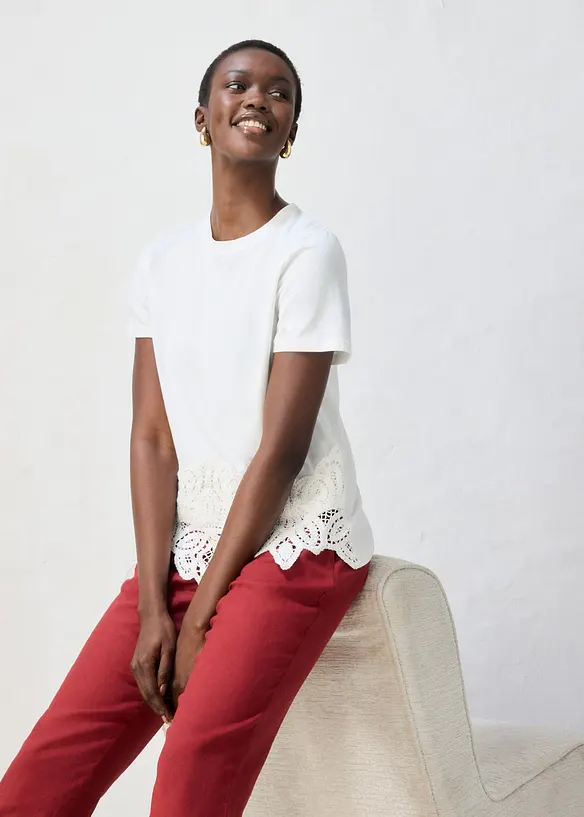 Maglia con percentuale di seta e bordo effetto uncinetto, bonprix