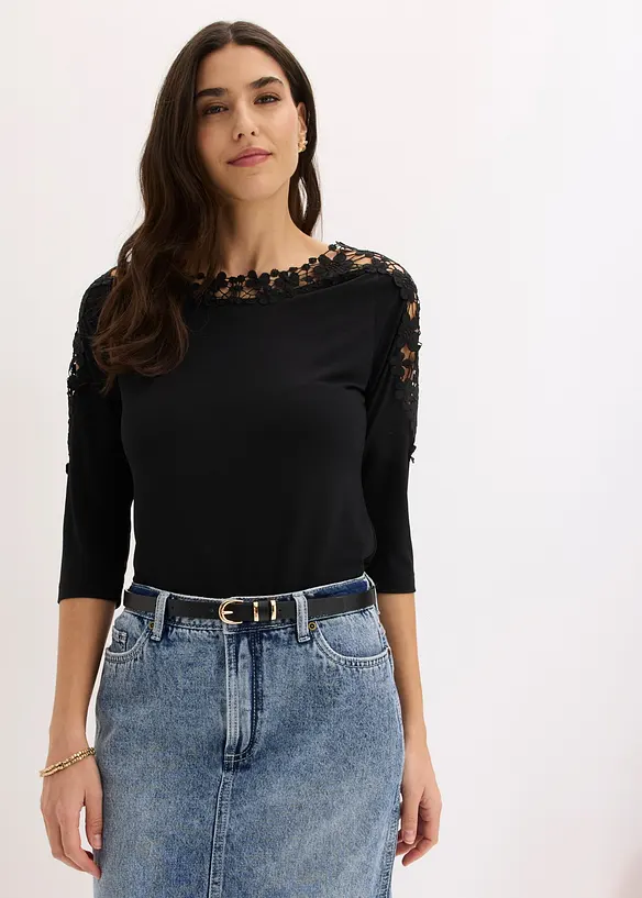 Maglia con inserto effetto uncinetto e maniche corte, bonprix