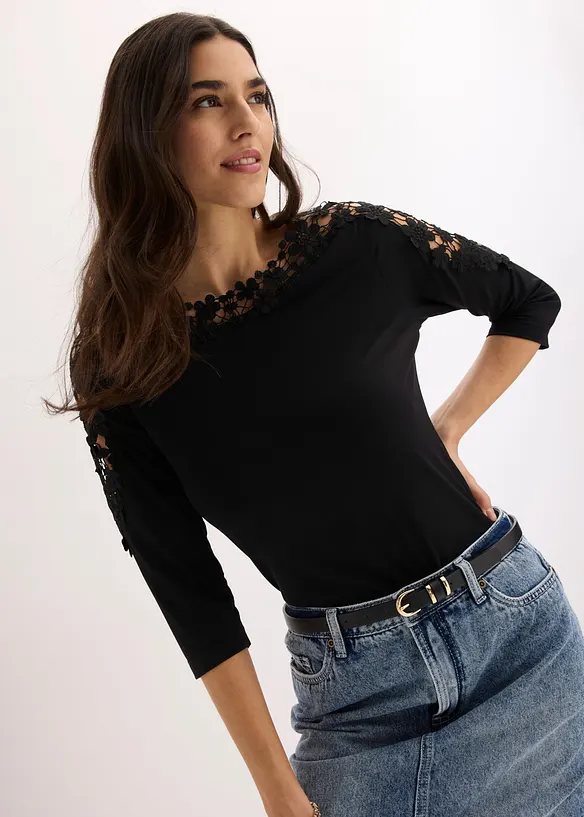 Maglia con inserto effetto uncinetto e maniche corte, bonprix