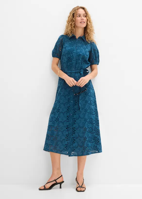 Abito con ricami traforati in puro cotone, bonprix