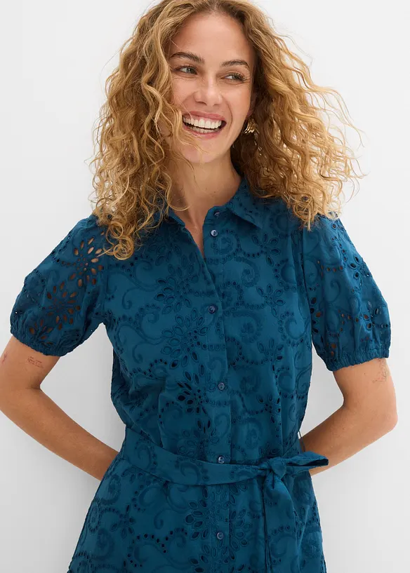 Abito con ricami traforati in puro cotone, bonprix