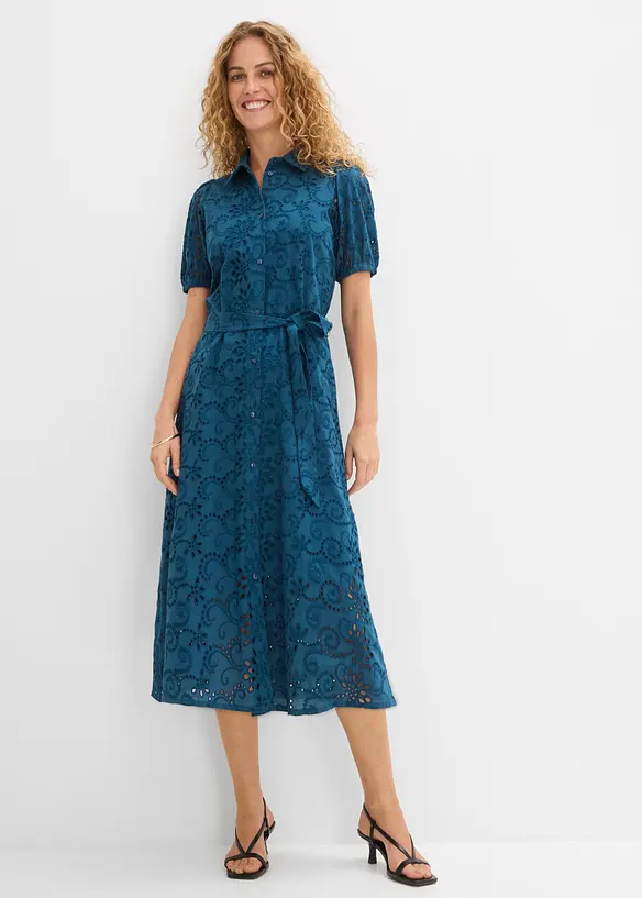 Abito con ricami traforati in puro cotone, bonprix