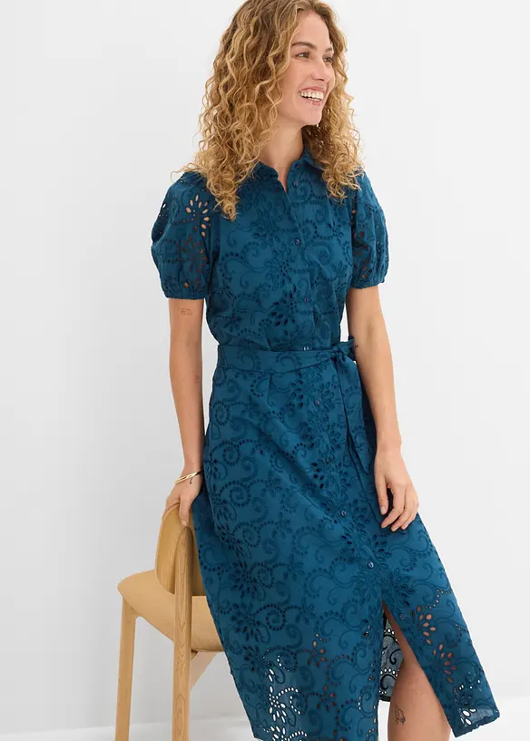 Abito con ricami traforati in puro cotone, bonprix