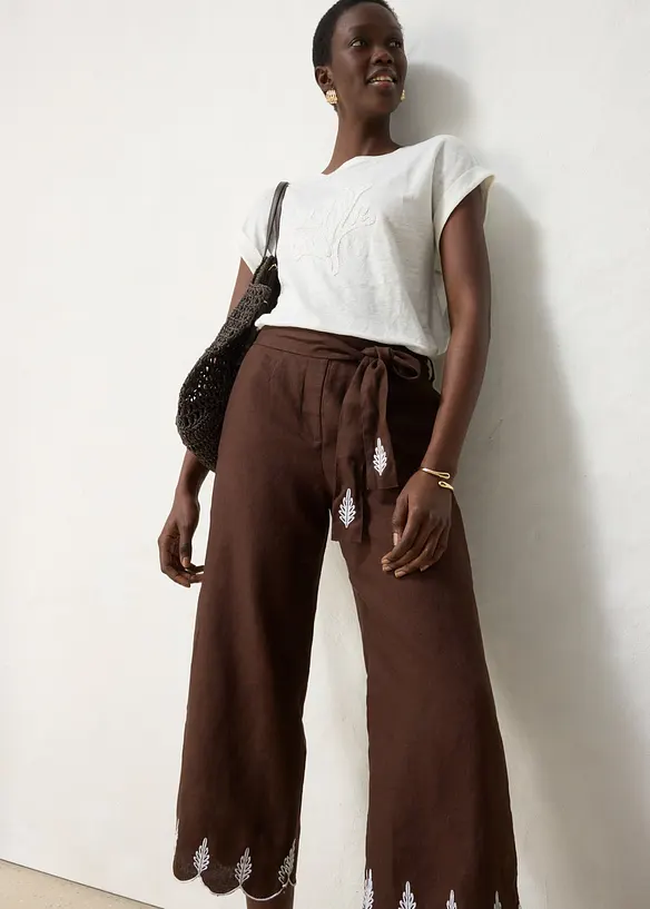 Pantaloni culotte in puro lino con cintura (set 2 pezzi), bonprix