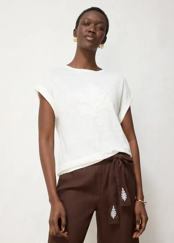 T-shirt in puro lino con ricamo, bonprix