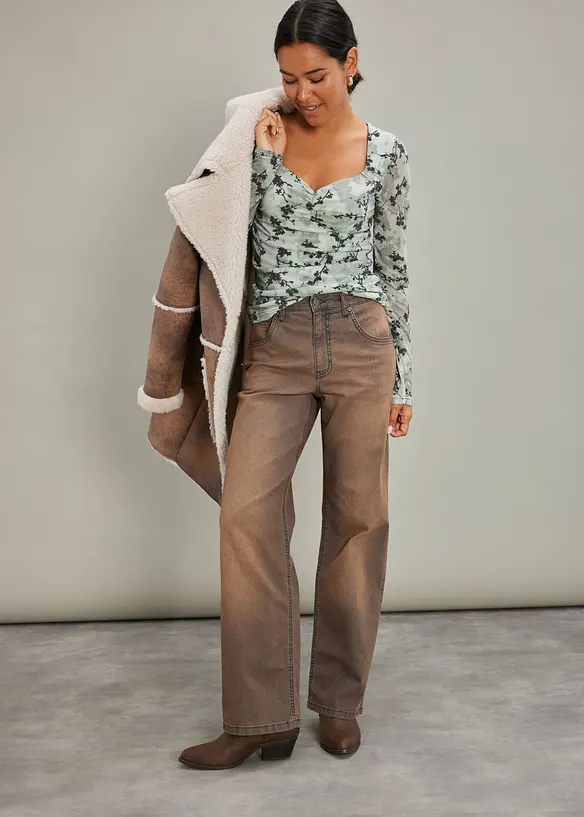 Jeans wide leg con lavaggio vintage, vita alta, bonprix
