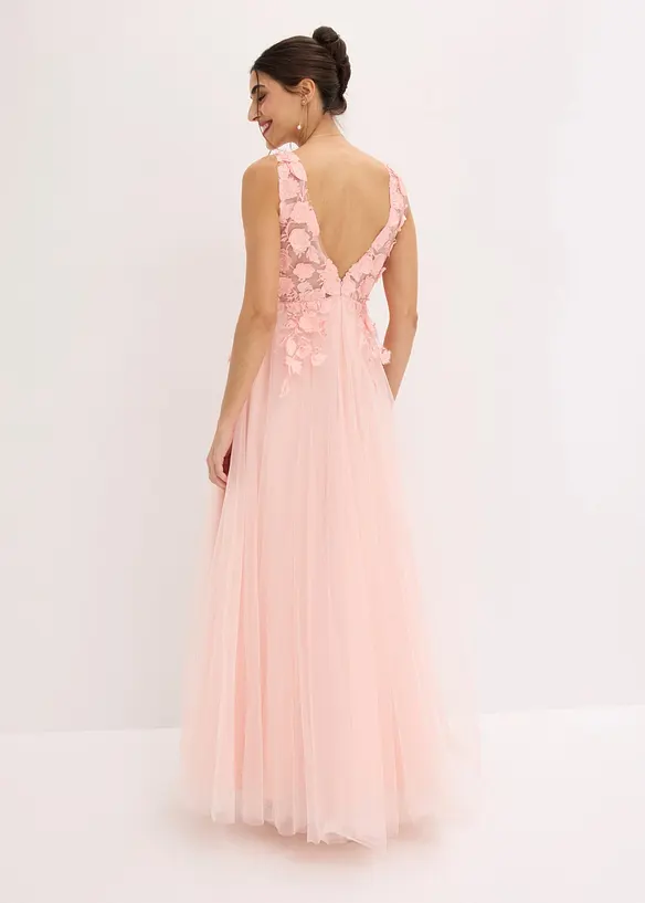 Abito lungo in tulle delicato con fiori applicati, bonprix