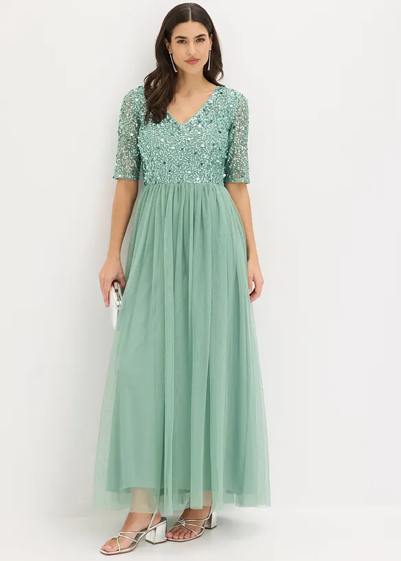 Abito da sera in tulle delicato con ricamo e paillettes, bonprix