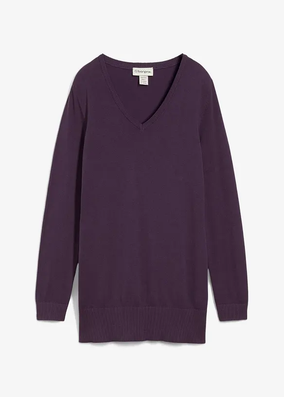 Maglione lungo basic in filato fine con scollo a V, bonprix