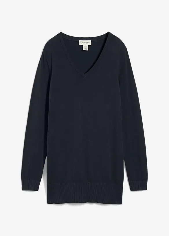 Maglione lungo basic in filato fine con scollo a V, bonprix