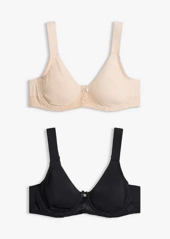 Reggiseno t-shirt con ferretto, cotone e pizzo (pacco da 2), bonprix