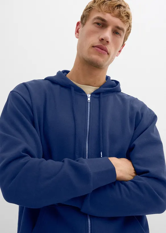 Felpa con zip, cappuccio e puro cotone, loose fit, bonprix