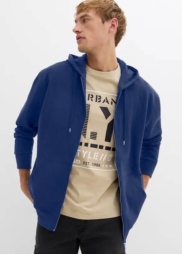 Felpa con zip, cappuccio e puro cotone, loose fit, bonprix