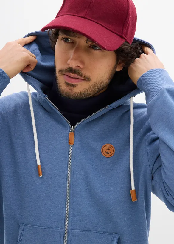 Felpa con zip, cappuccio e dettagli in similpelle, bonprix