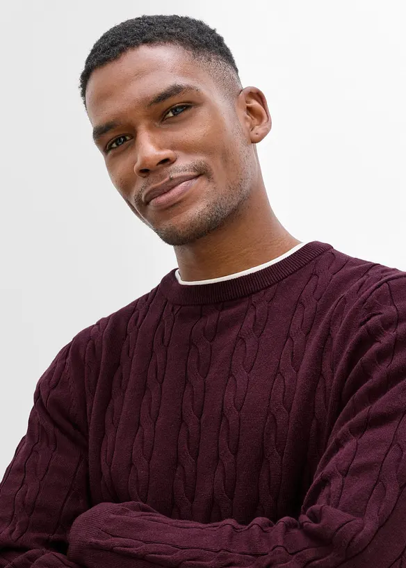 Maglione a trecce in filato fine, slim fit, bonprix