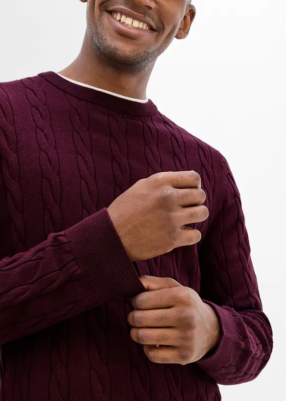 Maglione a trecce in filato fine, slim fit, bonprix