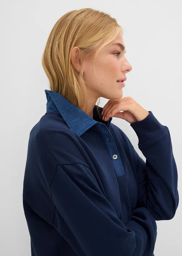 Felpa oversize in misto cotone con colletto di jeans, bonprix