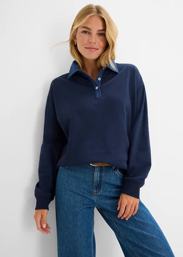 Felpa oversize in misto cotone con colletto di jeans, bonprix