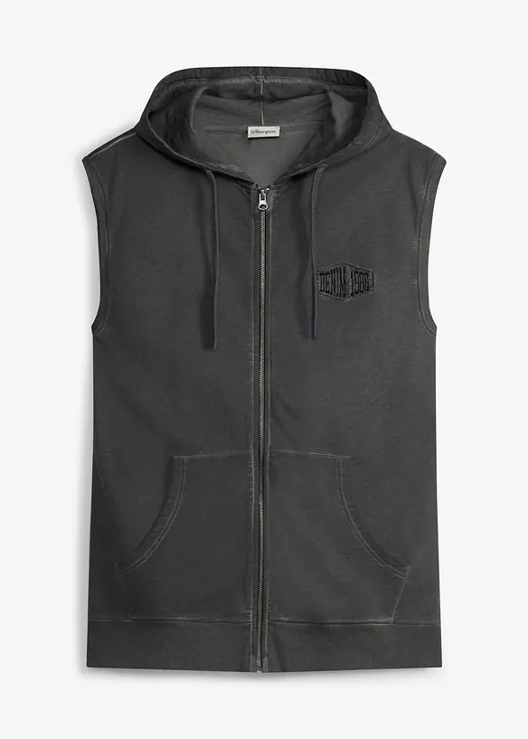 Gilet in felpa di puro cotone con zip, cappuccio ed effetto lavato, bonprix