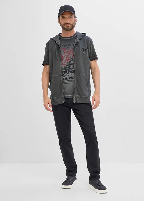Gilet in felpa di puro cotone con zip, cappuccio ed effetto lavato, bonprix