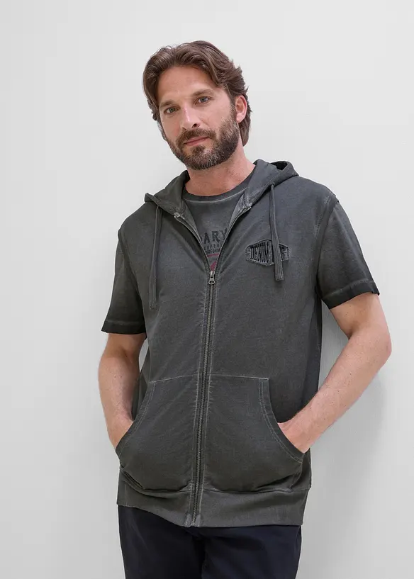 Gilet in felpa di puro cotone con zip, cappuccio ed effetto lavato, bonprix