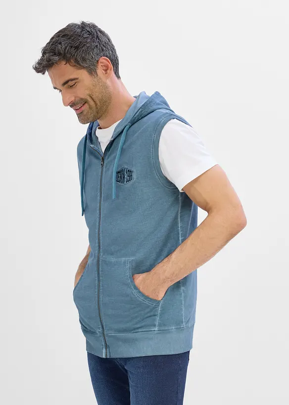 Gilet in felpa di puro cotone con zip, cappuccio ed effetto lavato, bonprix