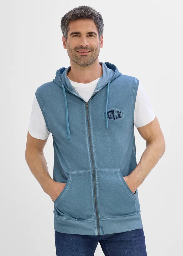 Gilet in felpa di puro cotone con zip, cappuccio ed effetto lavato, bonprix