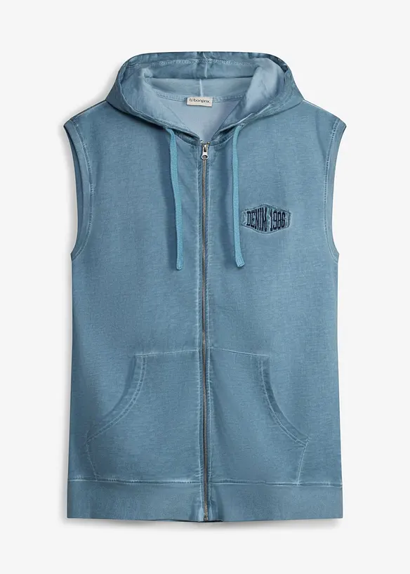 Gilet in felpa di puro cotone con zip, cappuccio ed effetto lavato, bonprix